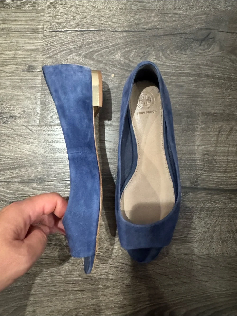 Tory Burch Navy Suede Peep-Toe Flats